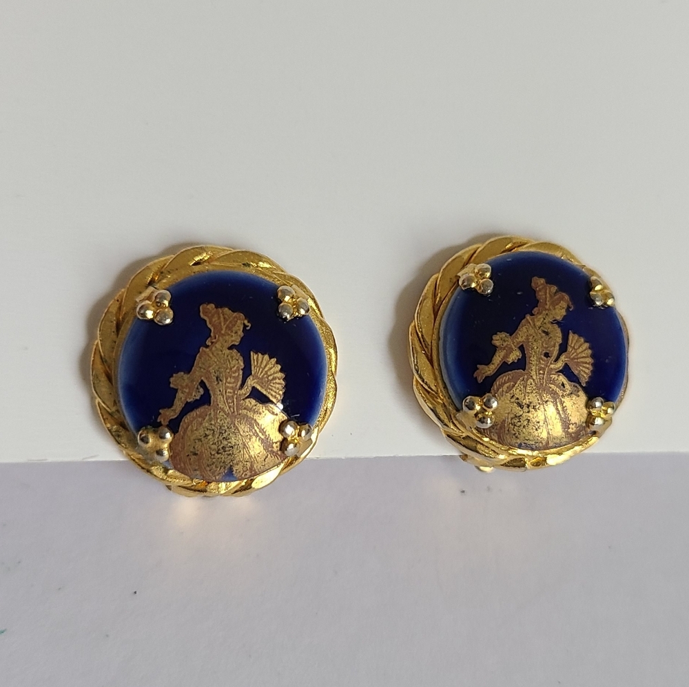 Vintage LIMOGES France Gold Tone Gilded Blue Cobalt Porcelain Clip On Earrings